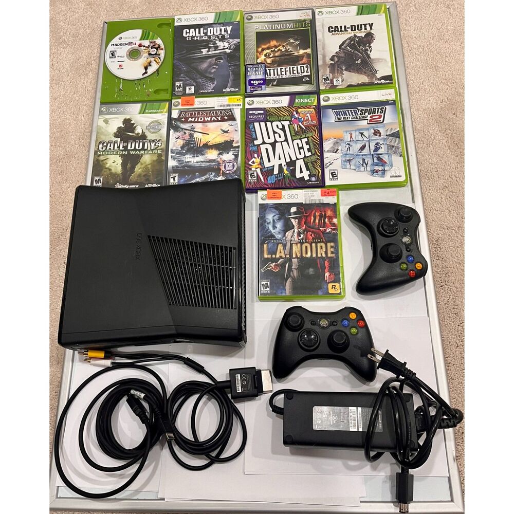 Xbox 360 Console Bundle 2 Controllers 10 Games Madden COD GTA NCAA Tested
